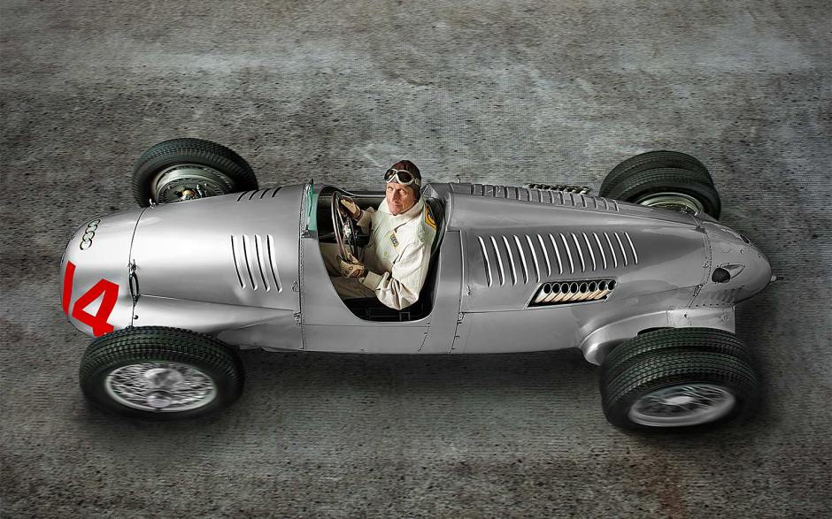 Hans „Strietzel“ Stuck im Wagen des Vaters : Auto Union C Typ 16 Zylinder mit Doppel-Bergrenn-Bereifung